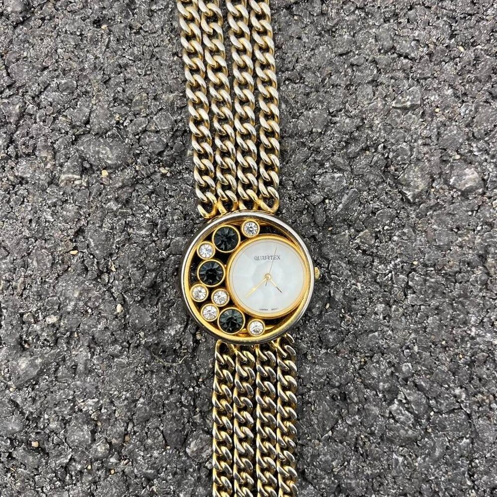 Quartex gold tone watch with gray & white rhinestones - Picture 2 of 6